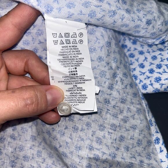 Michael Kors Linen Short Sleeve Button Down Shirt XL Slim Fit Blue White Floral - Picture 4 of 9